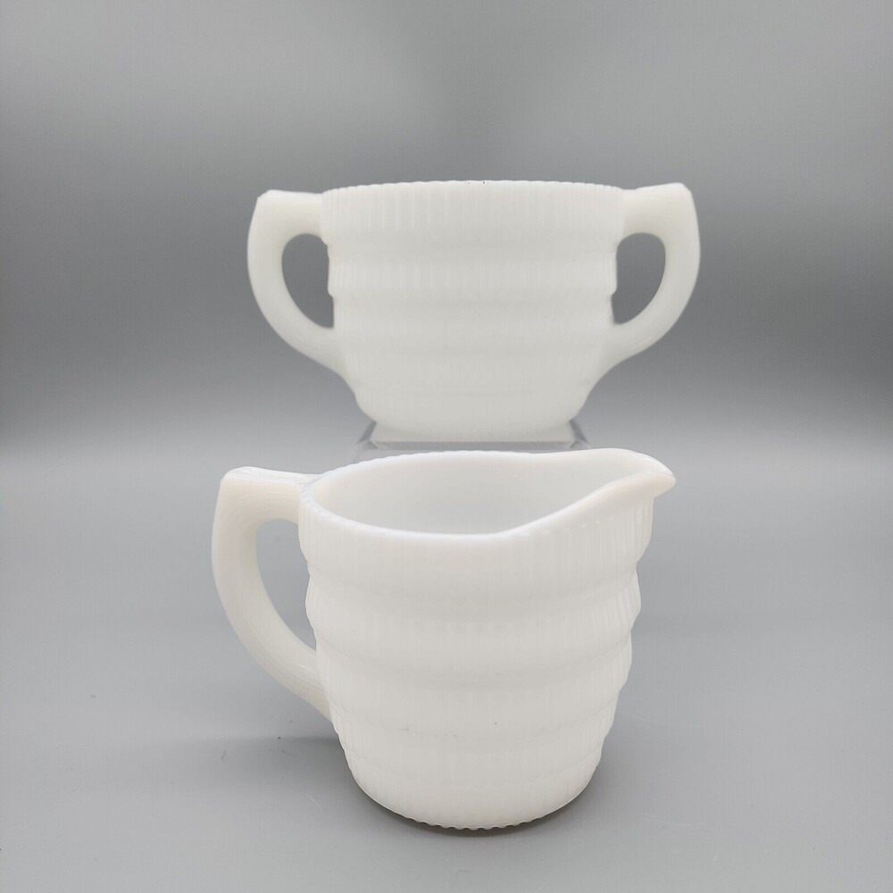 VTG Hazel Atlas Milk Glass Creamer & Sugar Beehive Fine Ribbed White Cira 1940's